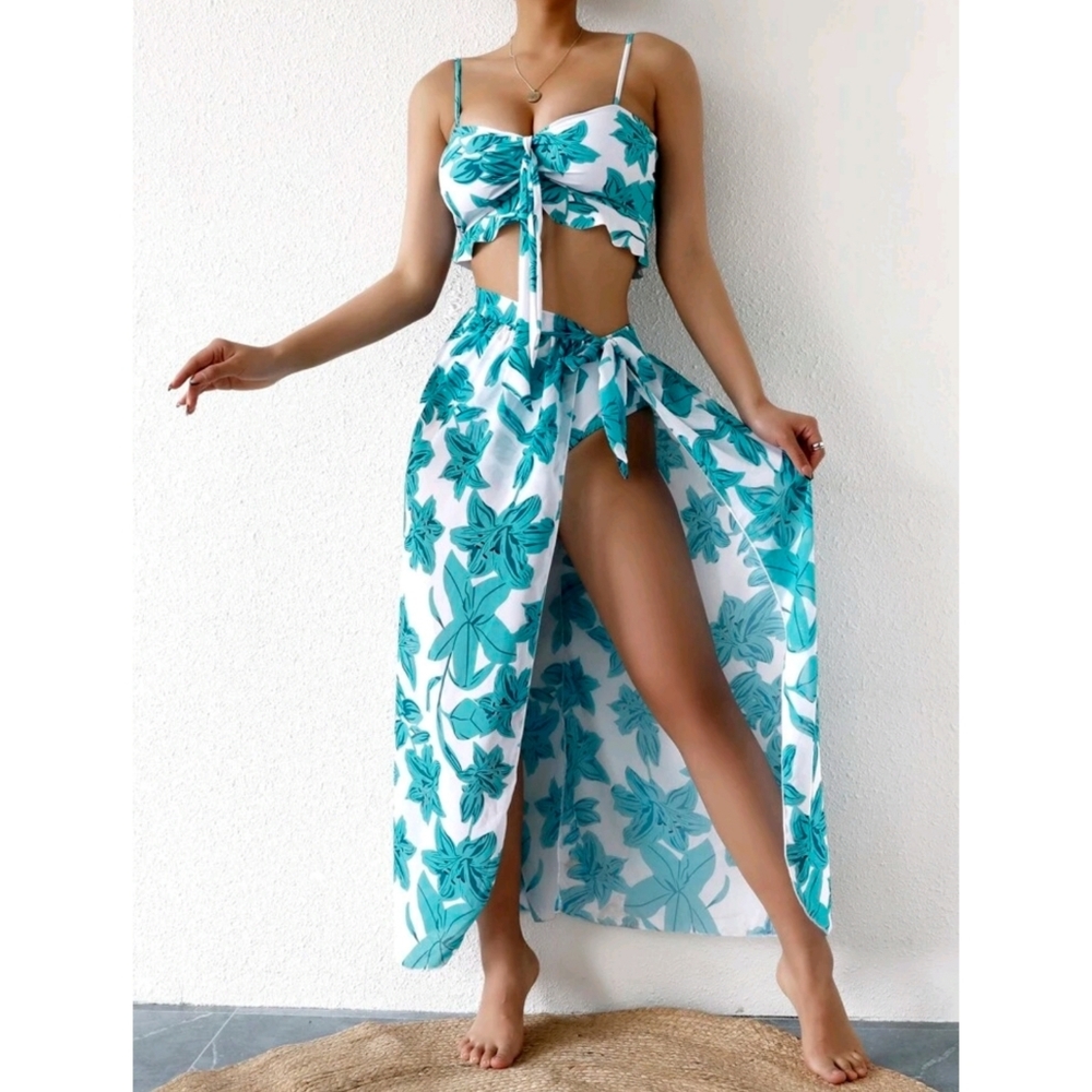 Boho Beach Skirt & Floral Knot Front Bikini Swimsuit